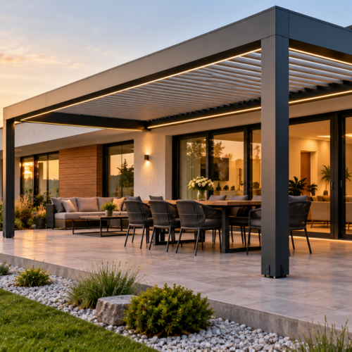 Pergola aus Polen mit Montage – wie plant man eine Terrasse an einem Bungalow mit niedriger, horizontaler Architektur?