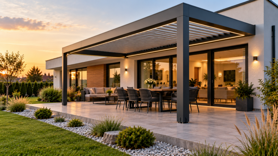 Pergola aus Polen mit Montage – wie plant man eine Terrasse an einem Bungalow mit niedriger, horizontaler Architektur?